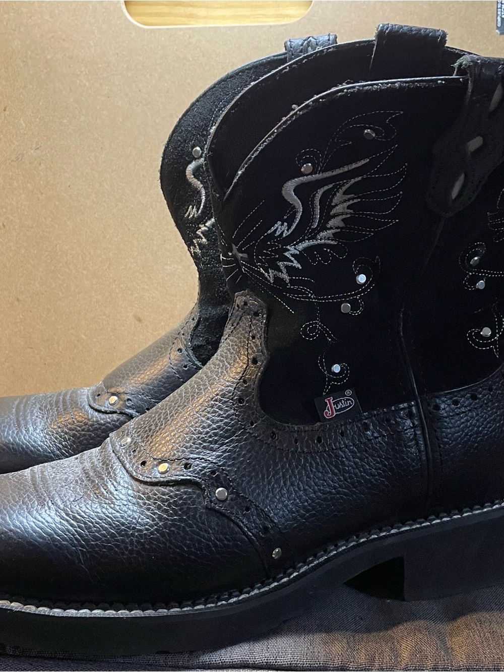 Justin Boots Black Leather Cowboy Boots with Stud Details
